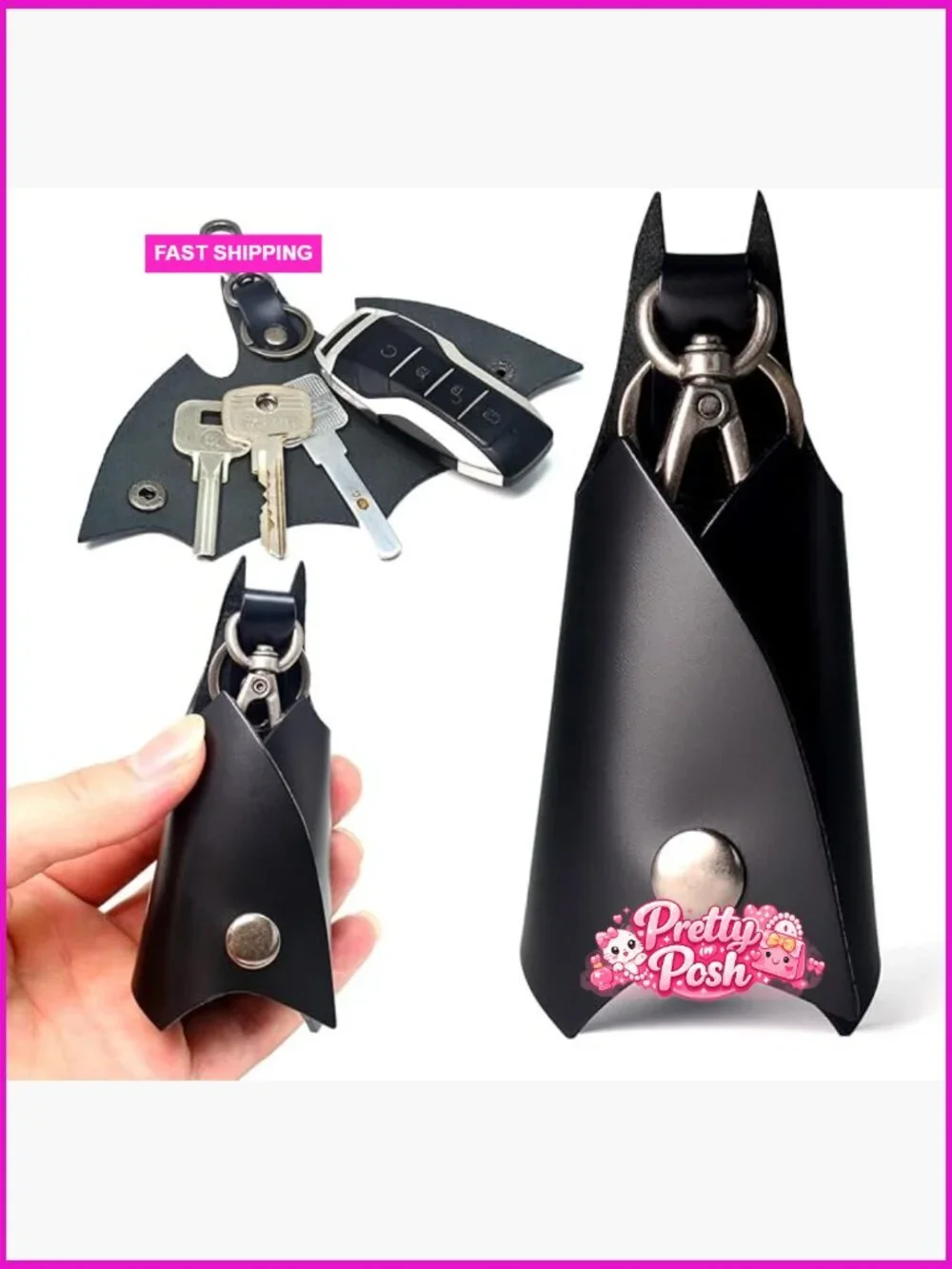 Leather Keychain Holder with Bat Design for Car Keys
